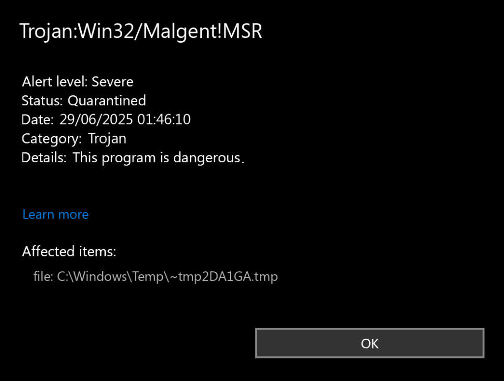 Trojan:Win32/Malgent!MSR Virus Detection
