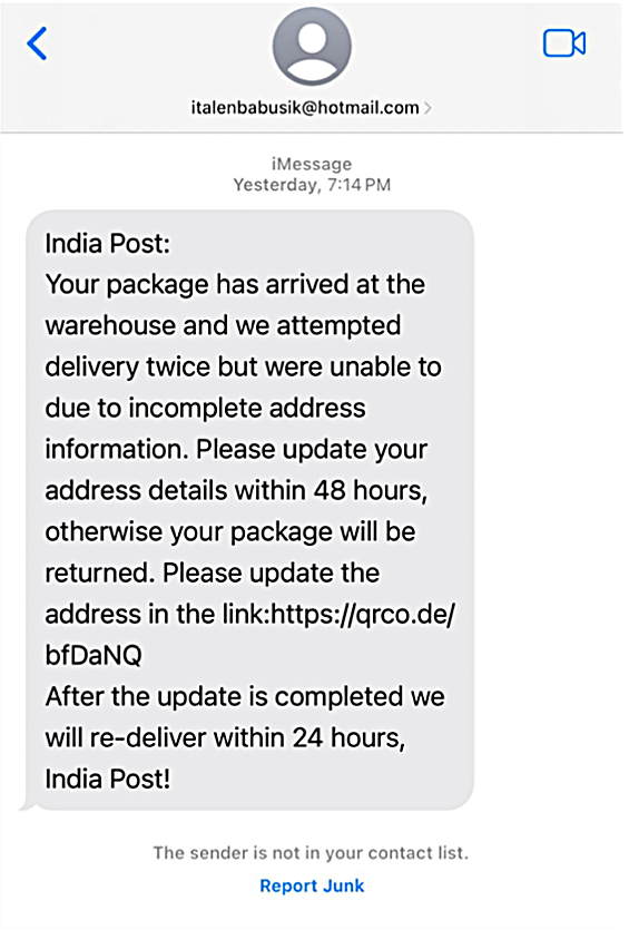 India Post Smishing example