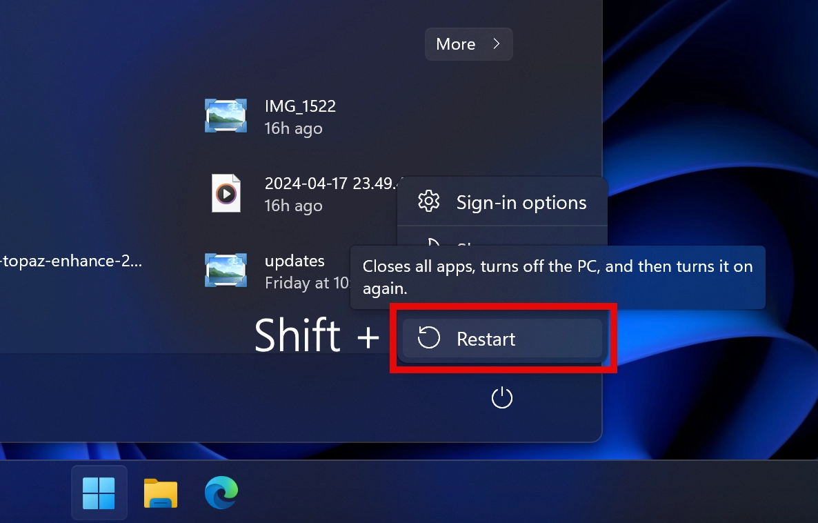 Press Shift + restart to open Windows Recovery menu