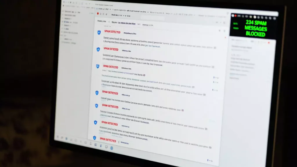 Spam Email Revenge: Legal Ways to Fight Back Against Scammers in 2025 2 Computer screen displaying multiple spam emails being filtered with digital countermeasures