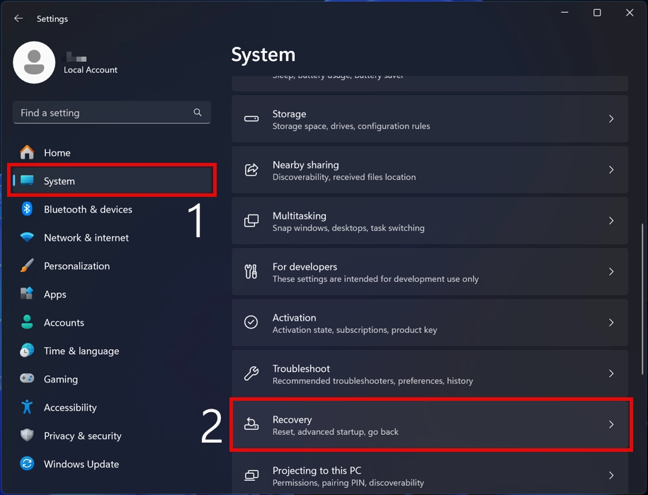 System settings screenshot