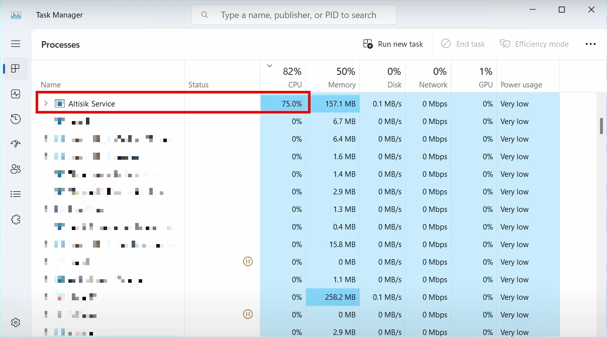 Altisik Service in the Task Manager screenshot