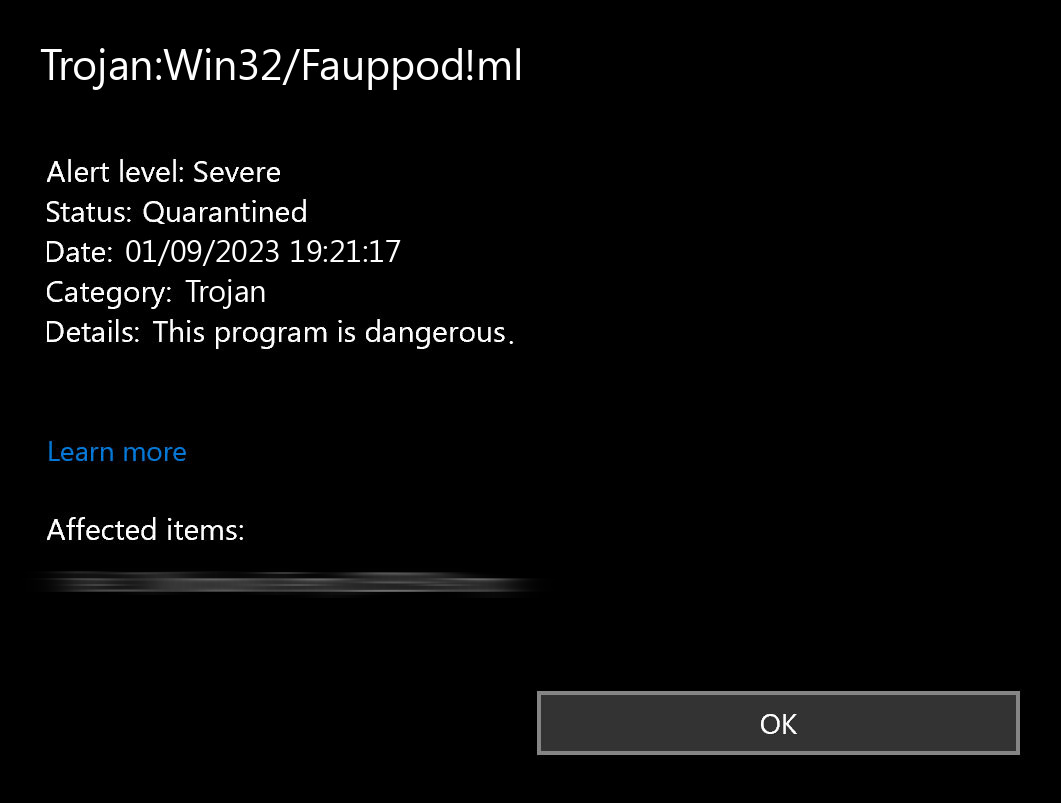 Trojan:Win32/Fauppod!ml detection window screenshot