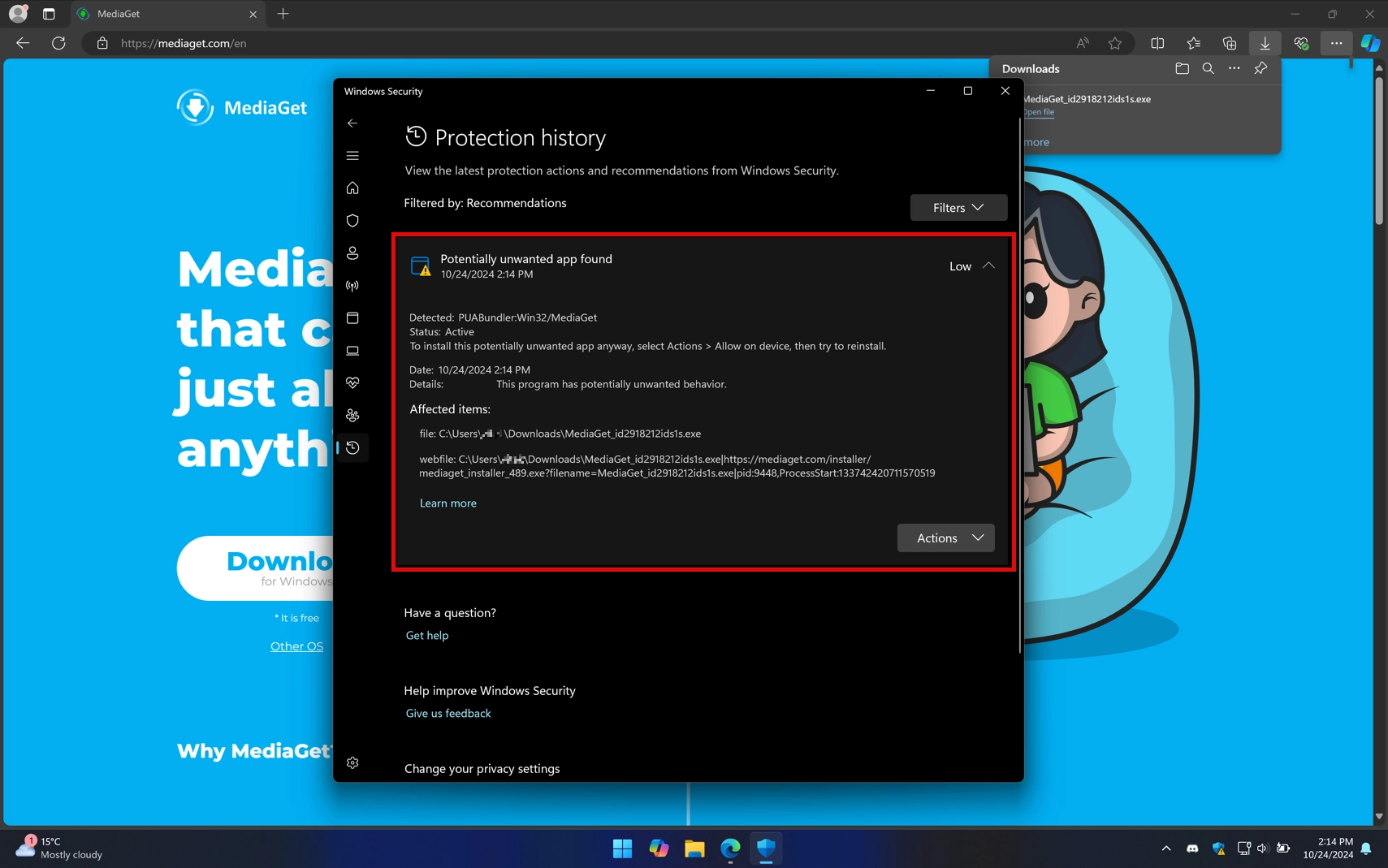 PUABundler:Win32/MediaGet detection popup screenshot