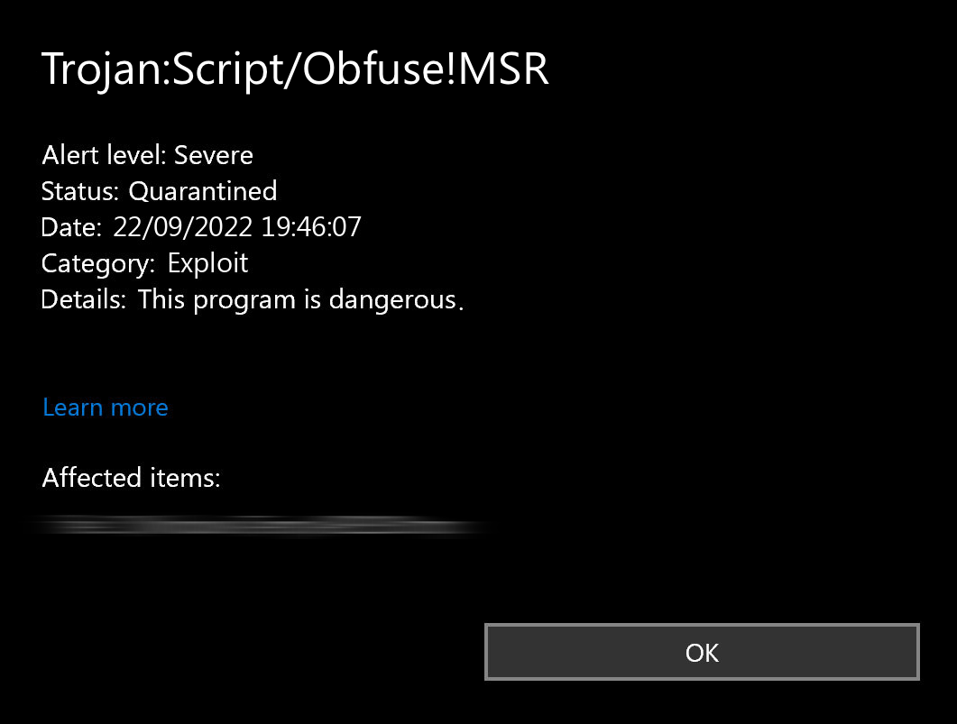 Trojan:Script/Obfuse!MSR detection window screenshot