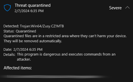Win64/Zusy.CZ!MTB Detection screenshot