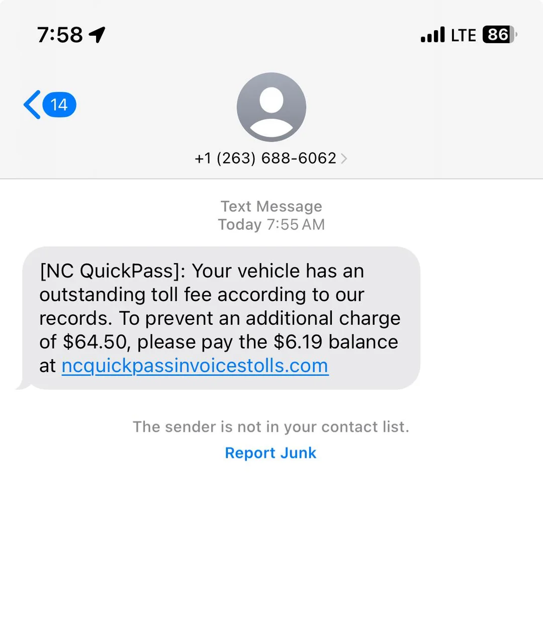 Fake NC Quick Pass Toll Scam message screenshot