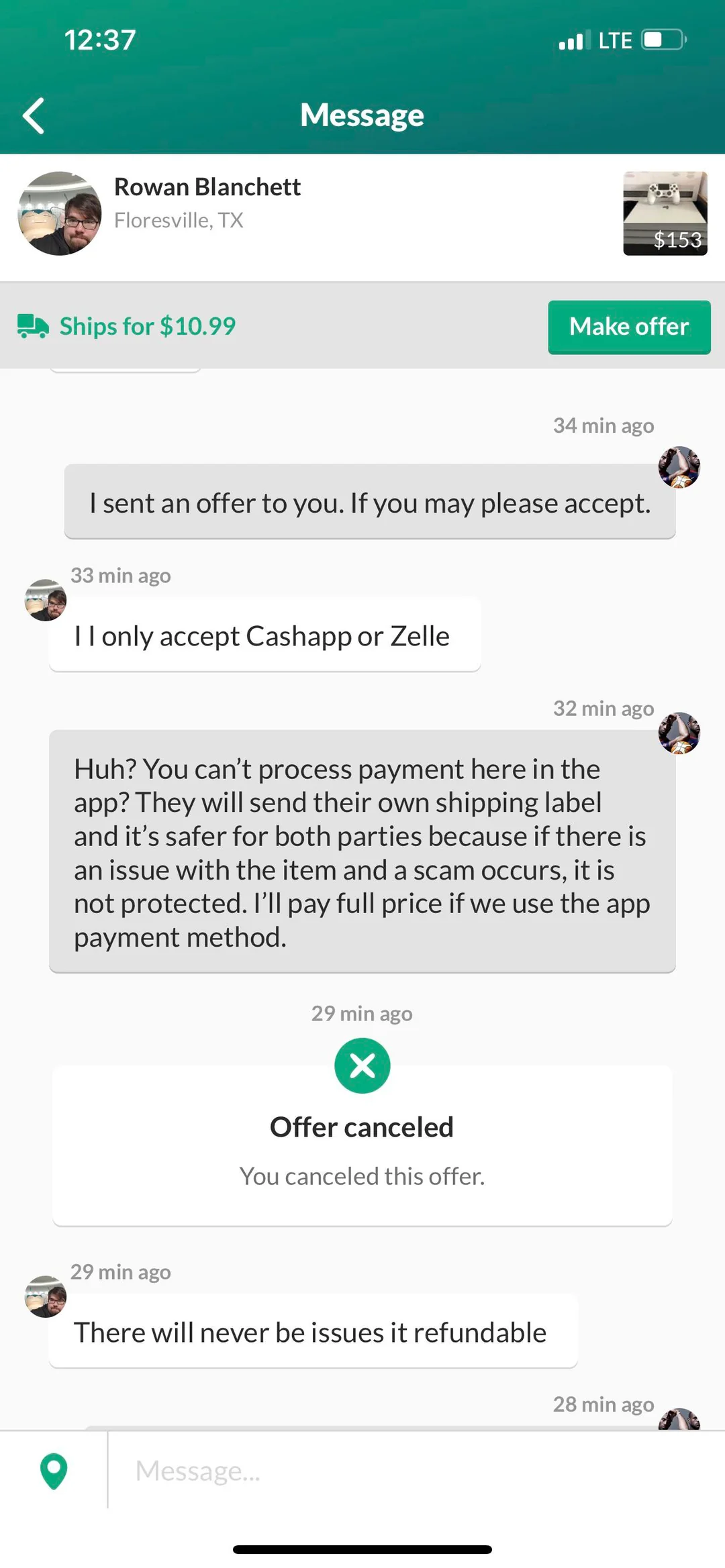 OfferUp payment outside the app