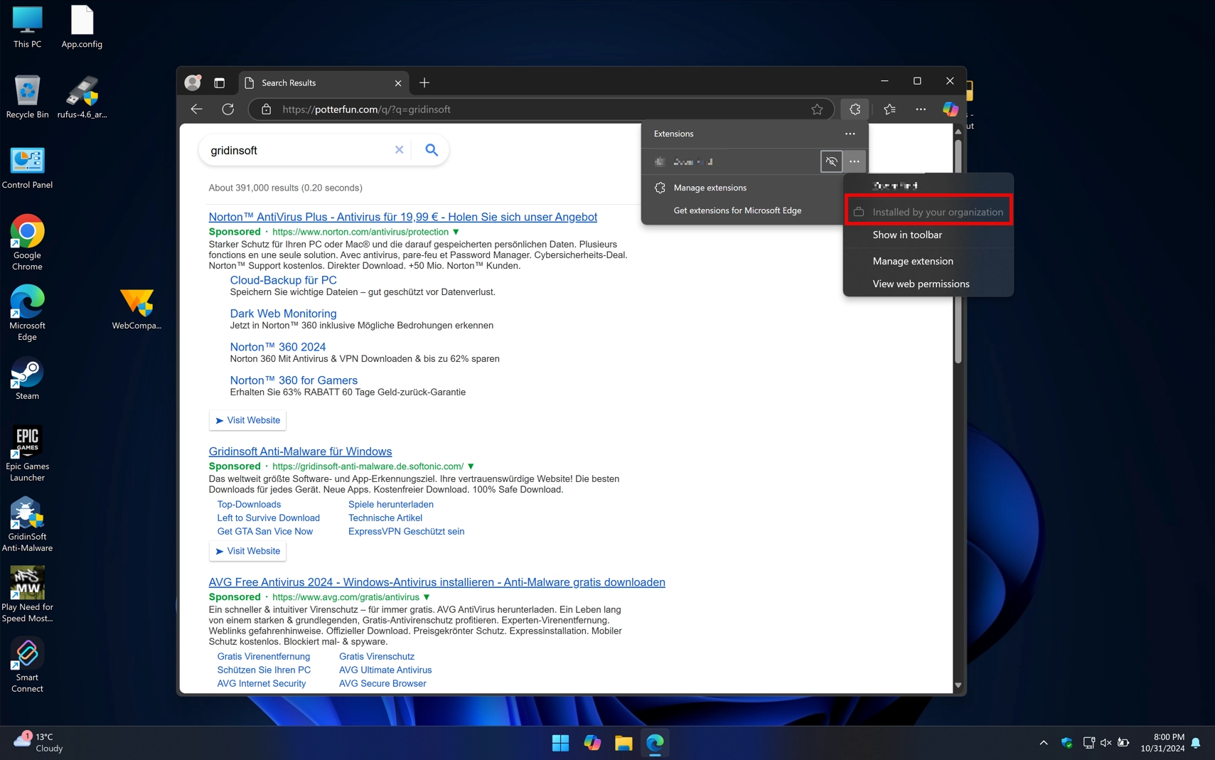 Edge custom search engine screenshot