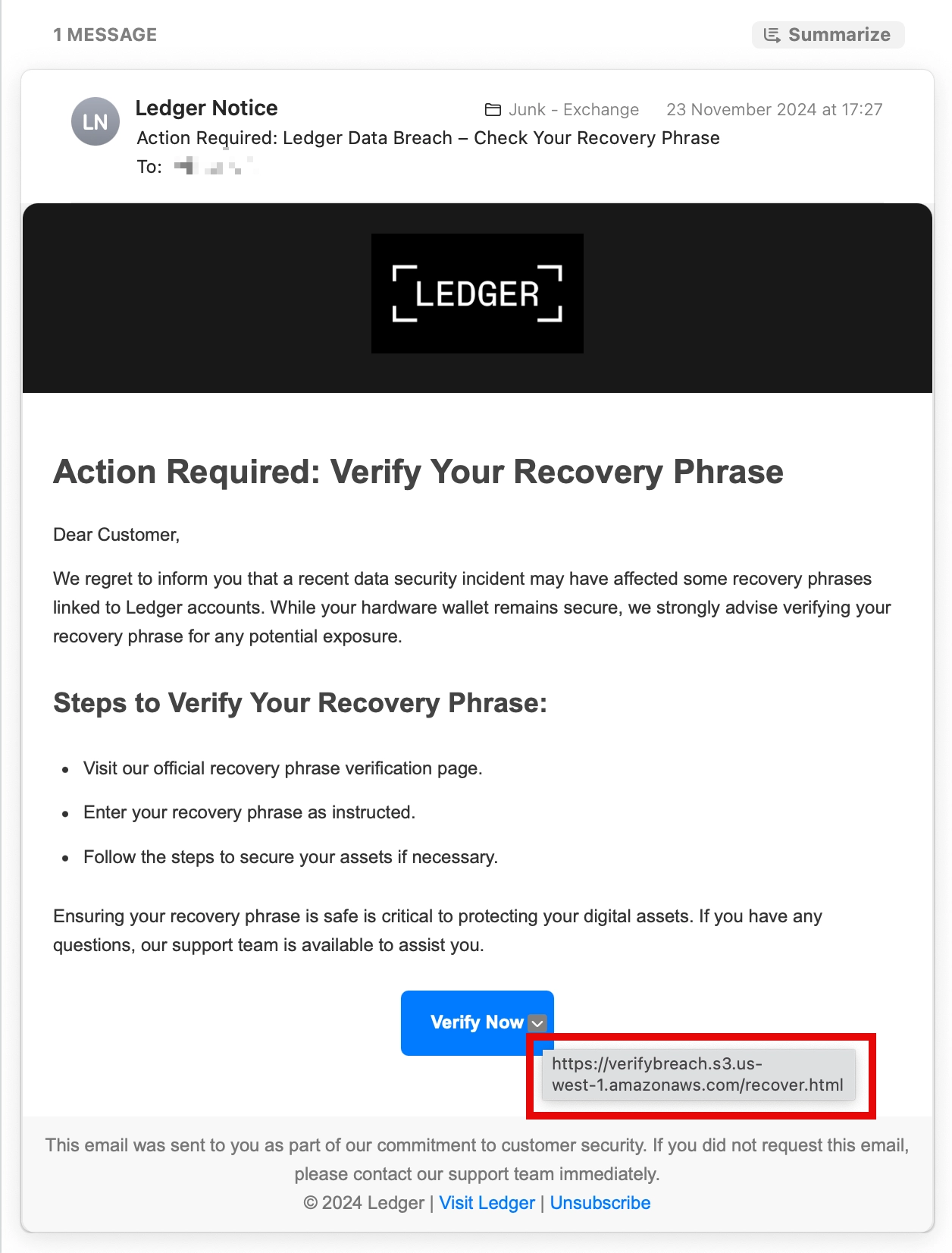 Ledger Recovery Phrase Verification scam screenshot