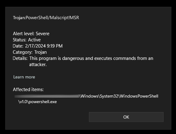 Trojan:PowerShell/Malscript!MSR detection screenshot