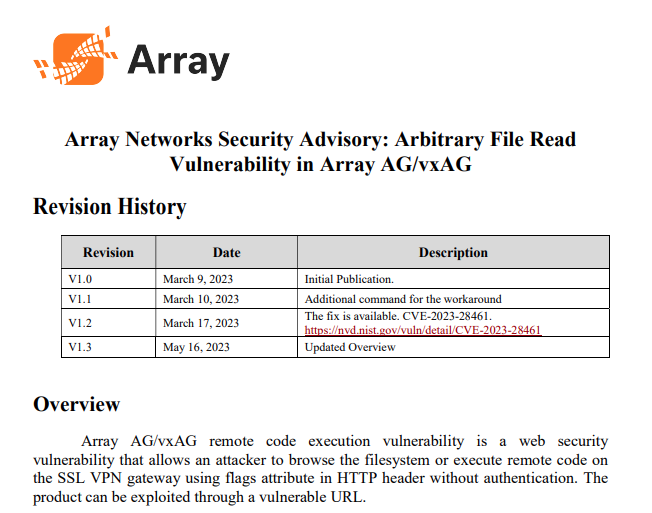 Array Networks vulnerability note