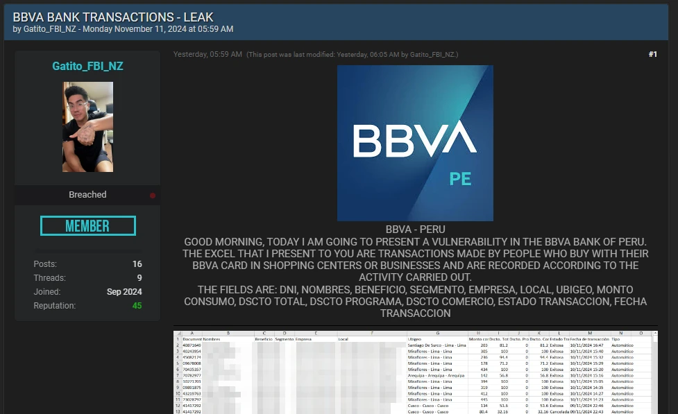 BBVA bank leak darknet forum post