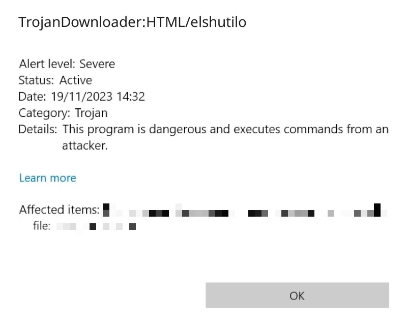 TrojanDownloader:HTML/Elshutilo detection screenshot