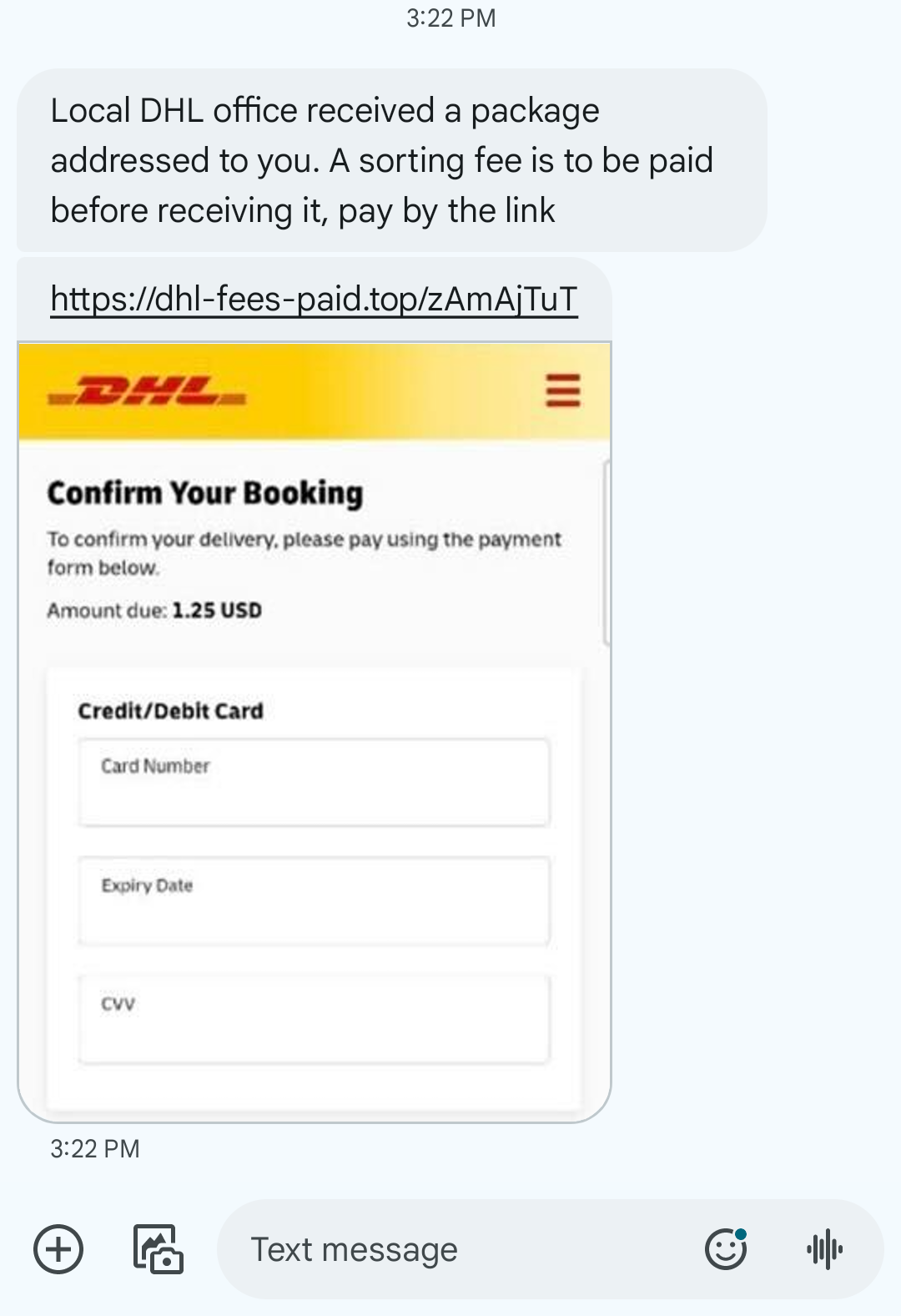 Fake message from DHL screenshot