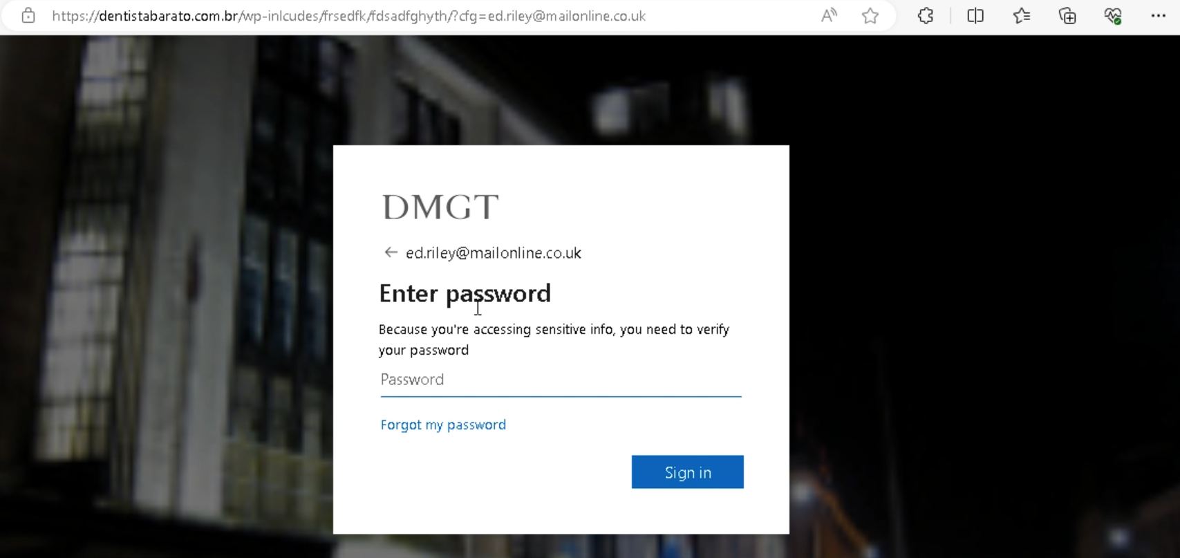 Phishing page Microsoft Login