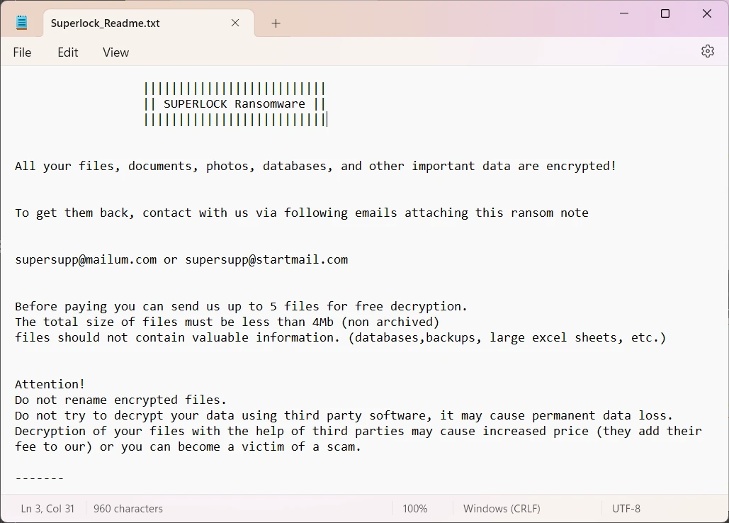 Superlock ransomware note