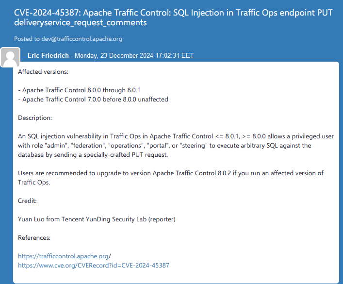 Official vulnerability note Apache Traffic Control