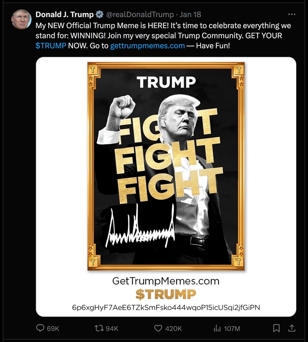 Trump's Xwitter post about memecoin