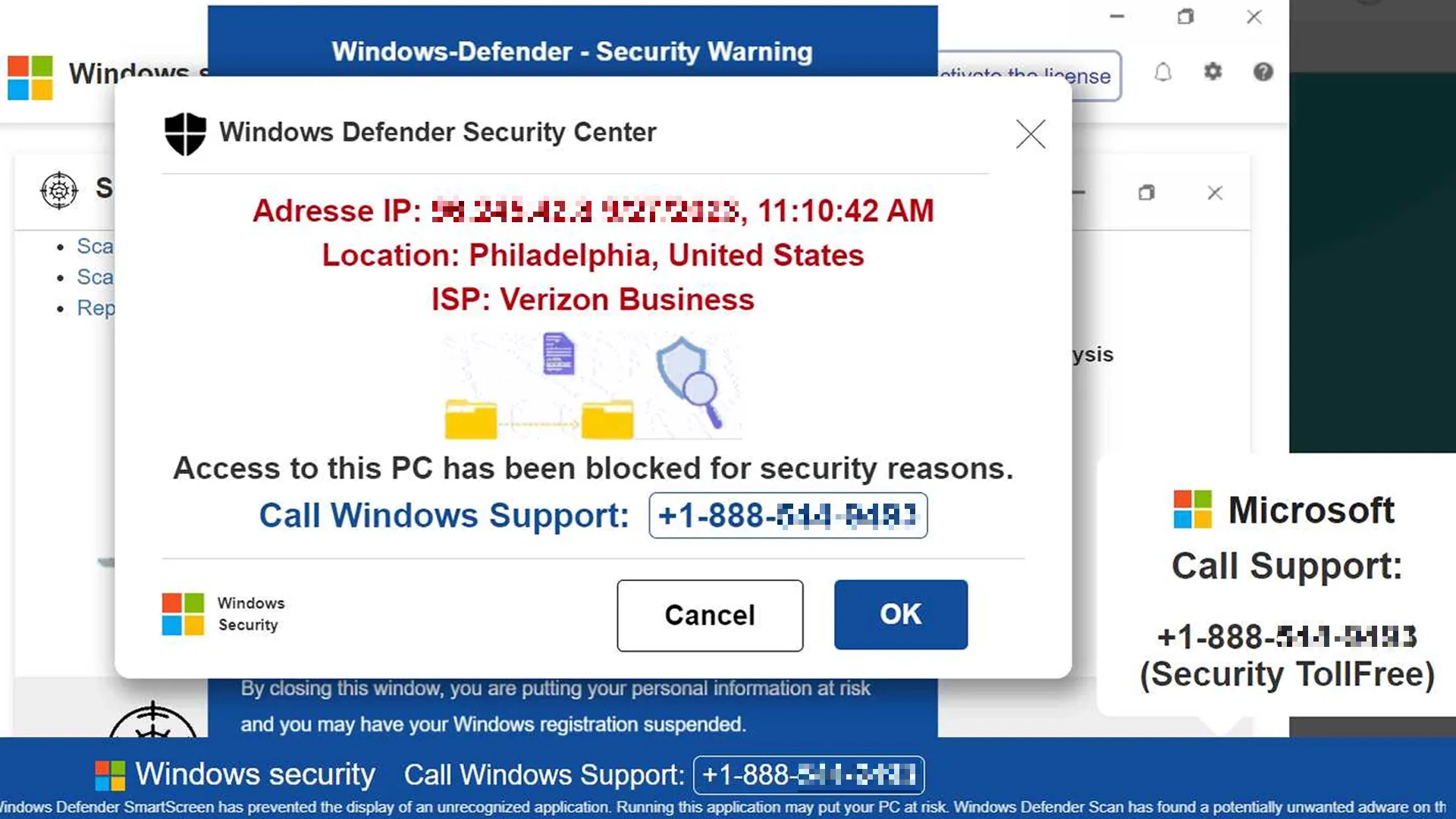 browser scam defender alert Windows Defender Security Center Scam