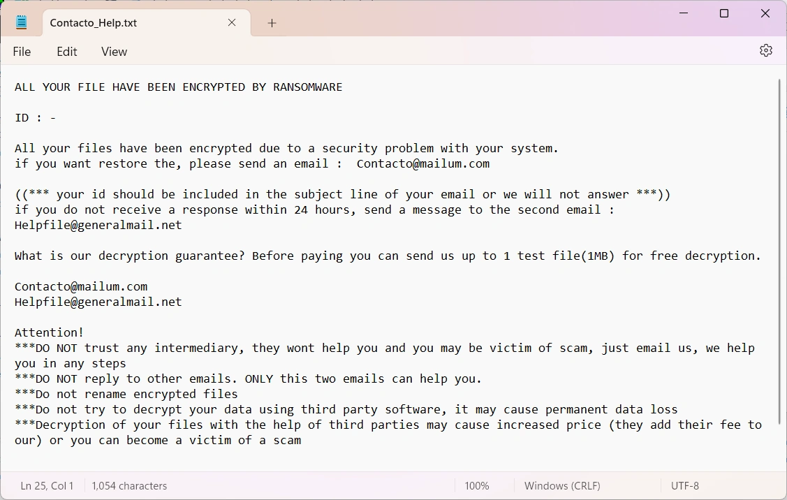 Contacto ransomware note