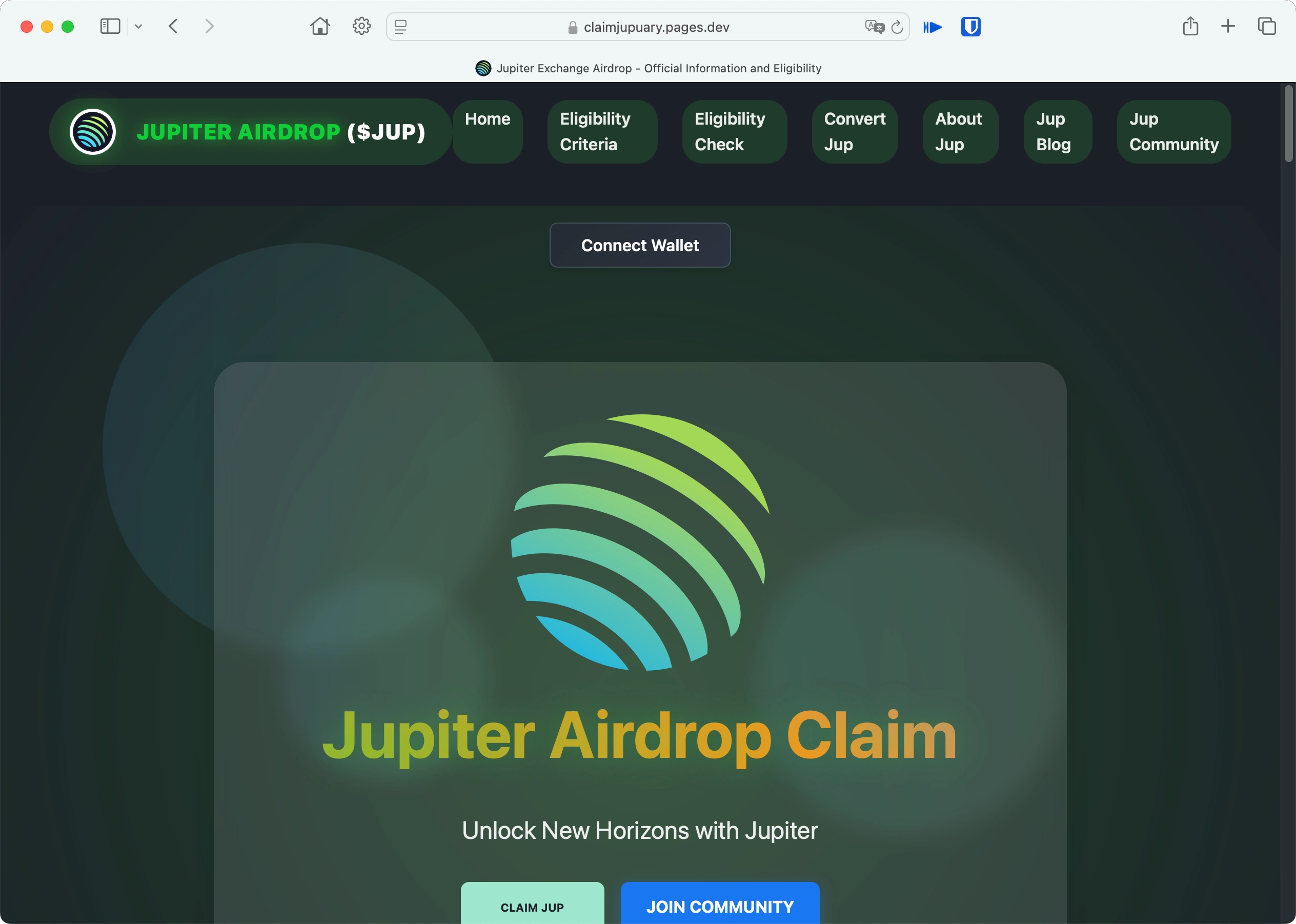 Fake Jupiter airdrop site screenshot