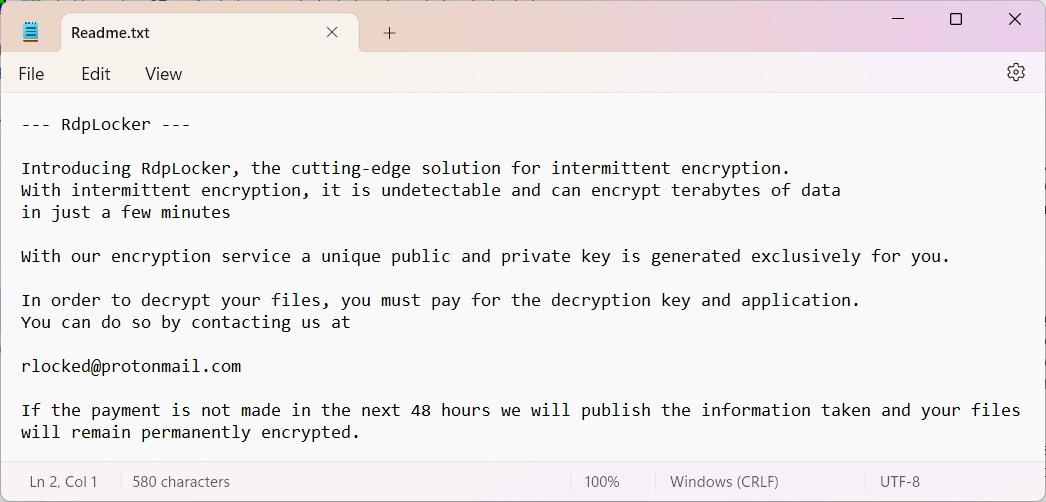 RDPLocker ransomware note