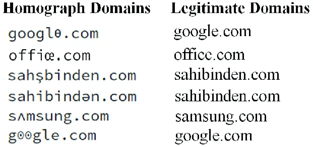 Homograph domains phishing links