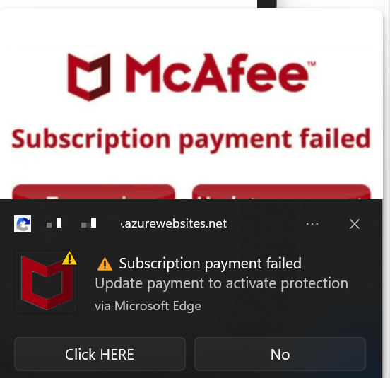 McAfee Subscription Payment Failed  pop-up