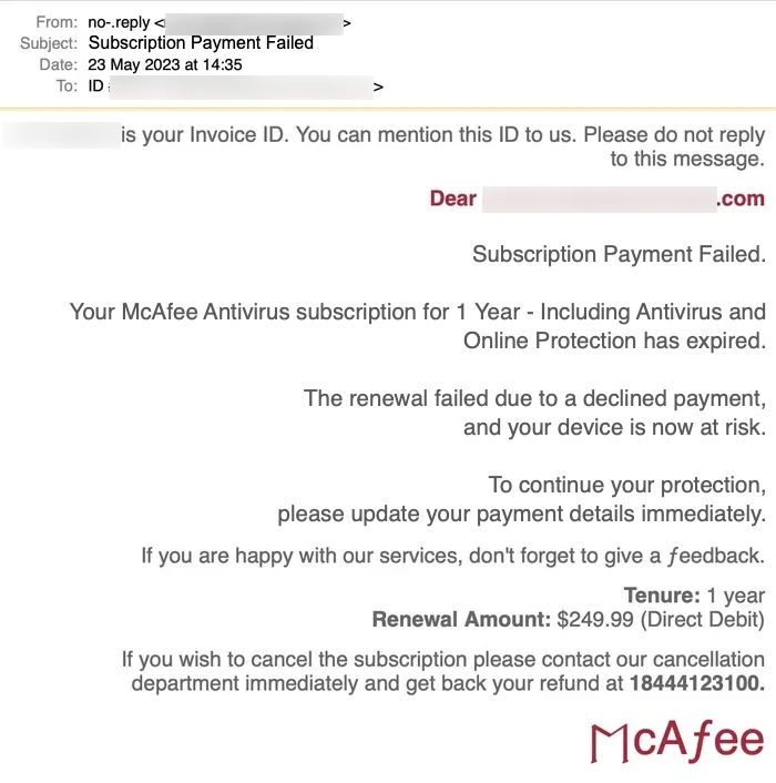 McAfee – McAfee Subscription Payment Failed scam email