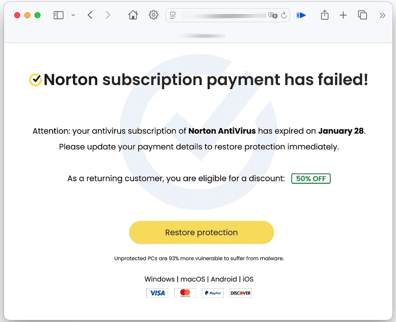 “Norton Subscription Payment Has Failed” scam screenshot