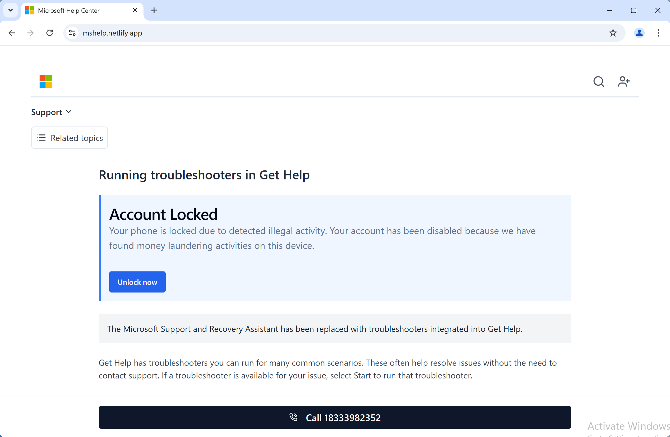 "Microsoft Account Locked" fake page screenshot