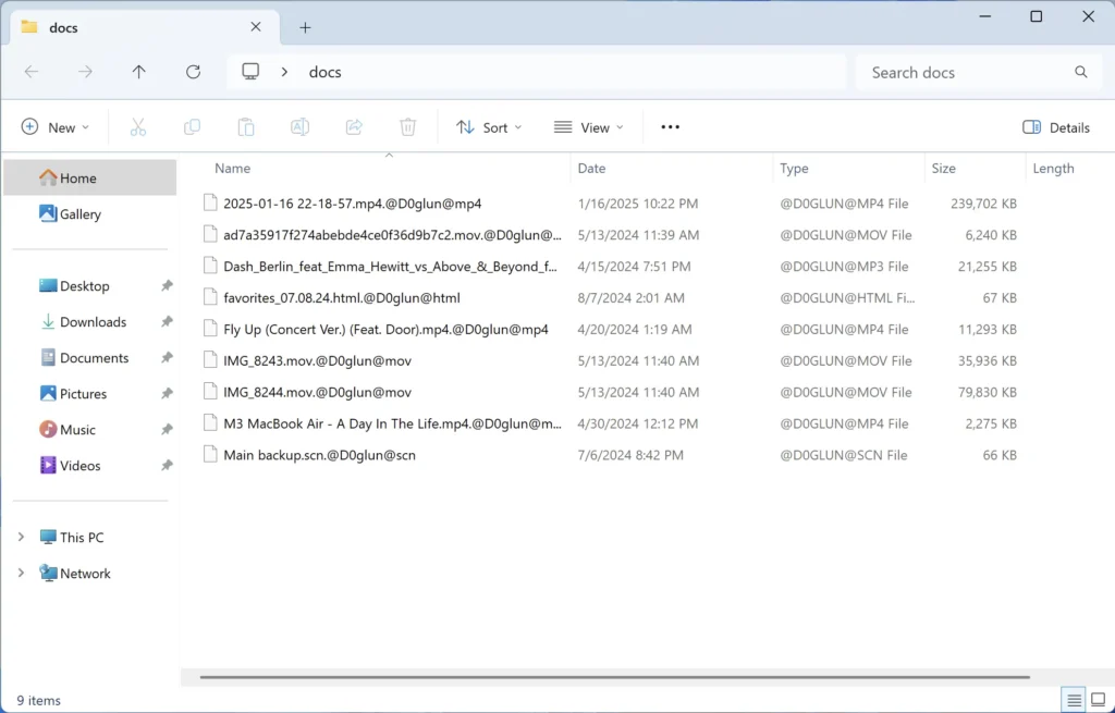 D0glun Ransomware: Analysis and Protection Guide 3 Windows Explorer showing files encrypted by D0glun ransomware with the .@D0glun@ extension appended