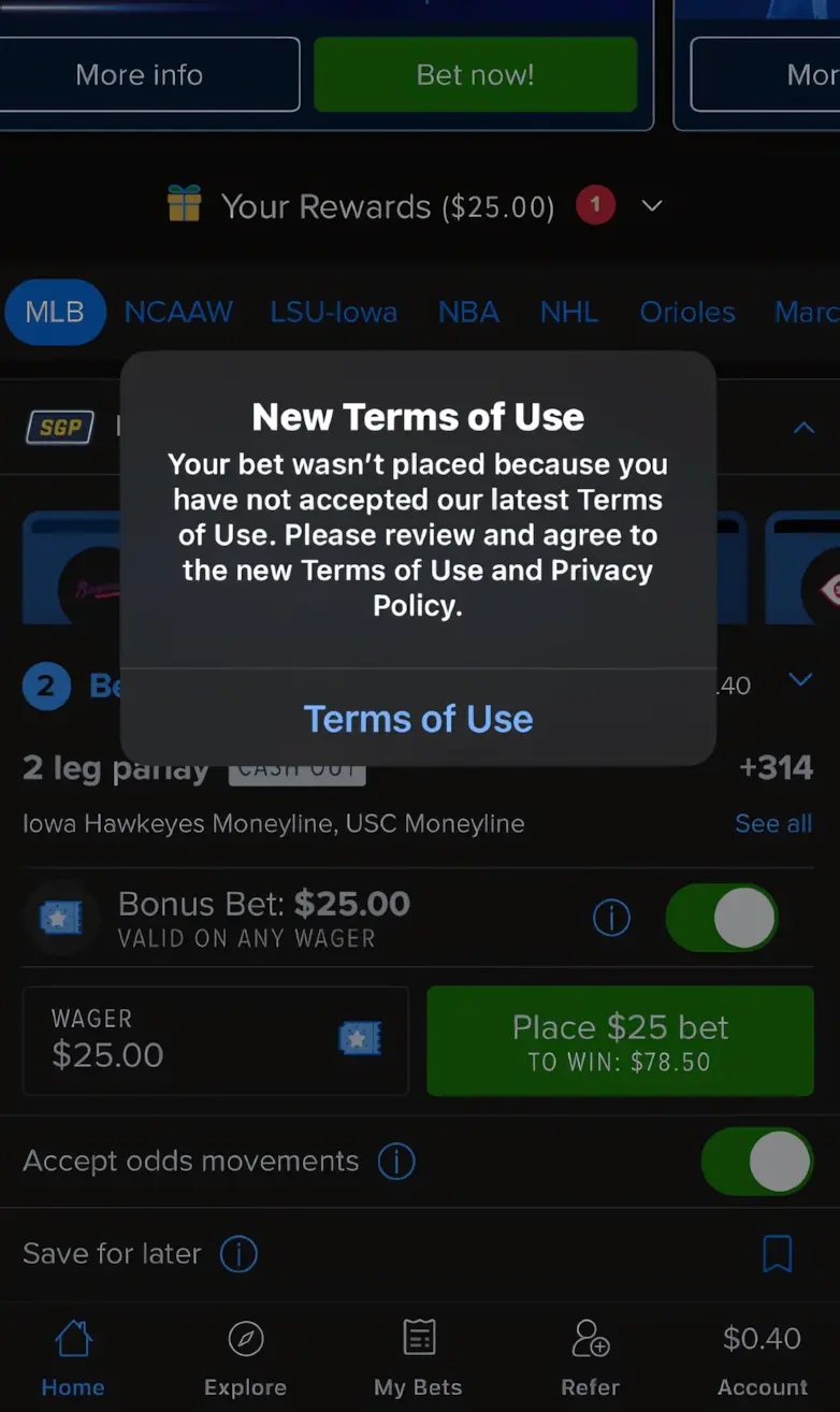 Betting Scams: The $164 Billion Industry's Dark Underbelly 2 Terms and Conditions screenshot showing hidden clauses that permit a fake betting app to retain all customer funds
