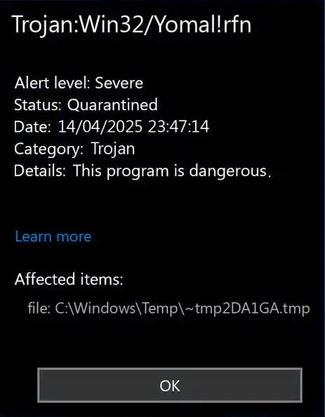 Trojan:Win32/Yomal!rfn 2 Trojan:Win32/Yomal!rfn detection