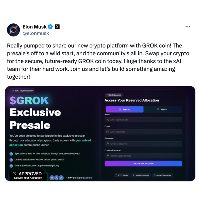 Initial Engagement - Fabricated Elon Musk Tweet About GROK Coin