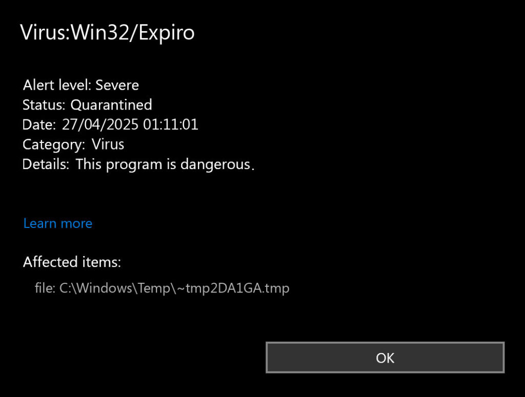 Virus:Win32/Expiro: The Chameleon Backdoor That's Still Causing Havoc in 2025 2 Virus:Win32/Expiro detection screenshot