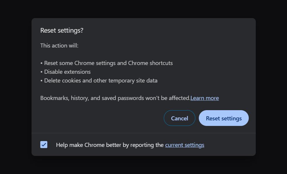 Reset Browser Chrome, Opera, Edge, Firefox and Safari to Default 4 Google Chrome reset settings dialog showing Reset button