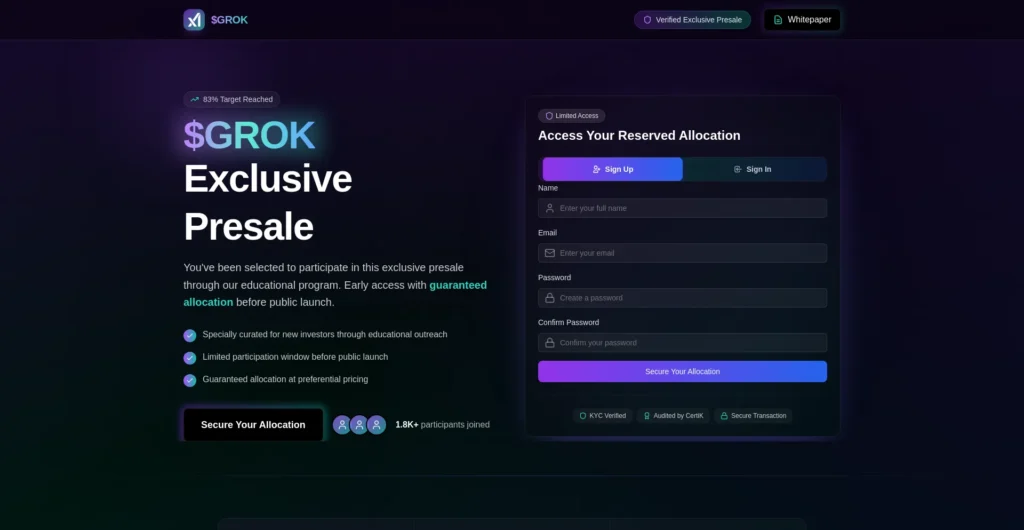 Example of site with GROK Presale Coin Scam