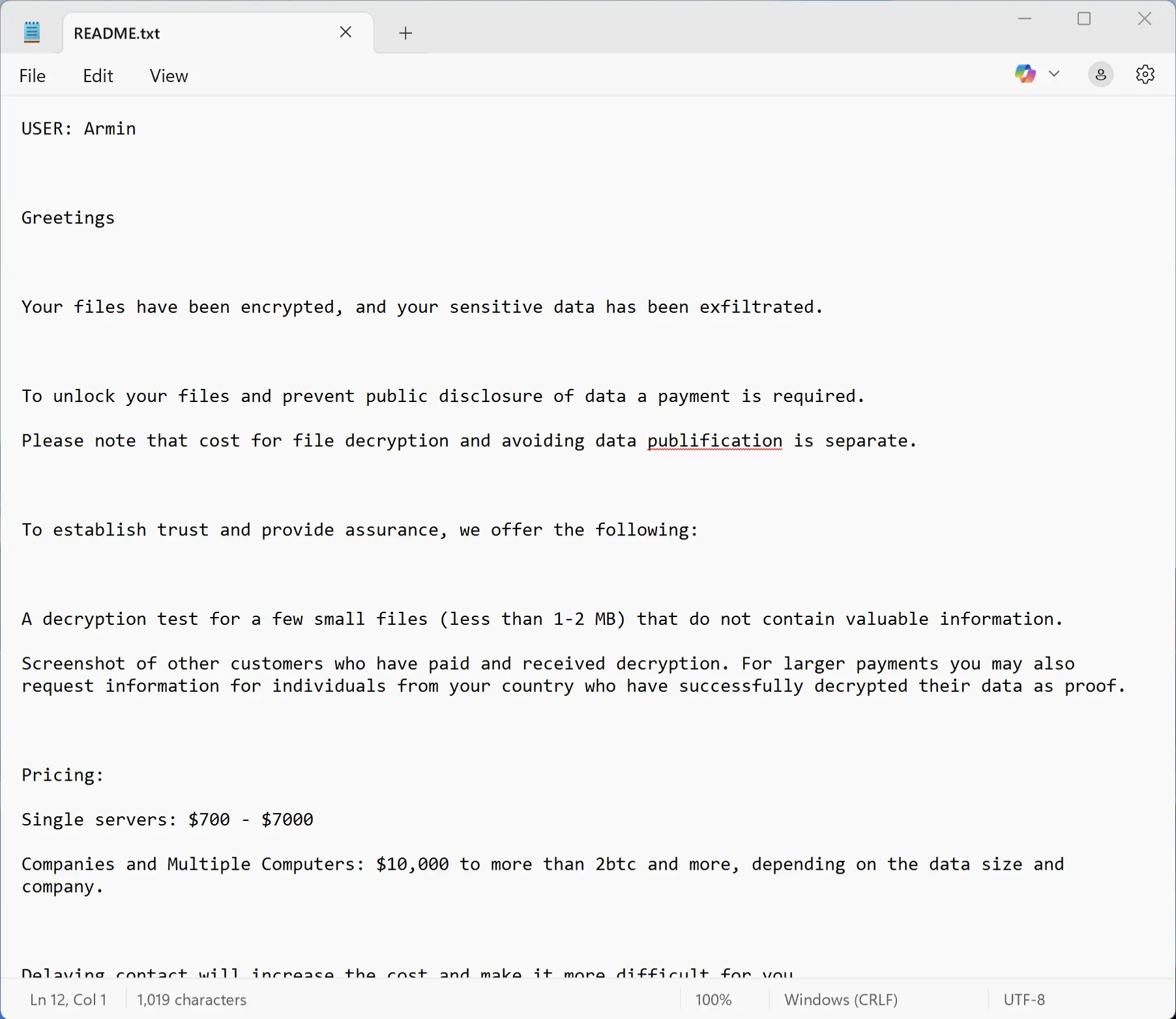 PE32 Ransomware 3 Ransom note screenshot