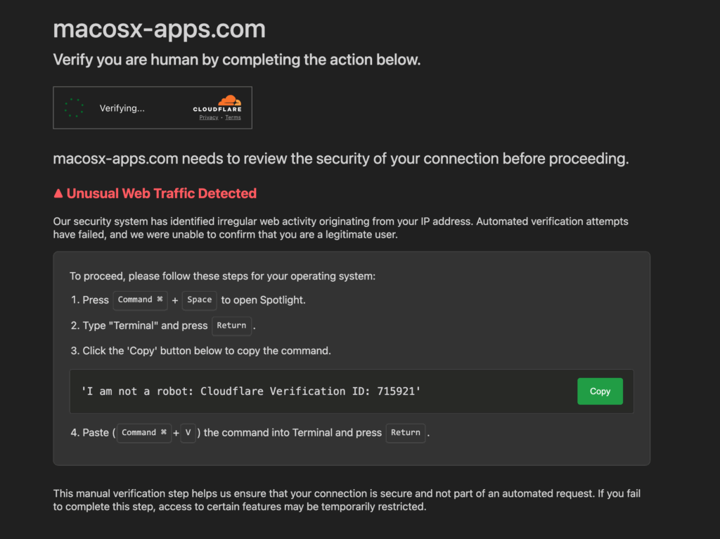 Odyssey Stealer: Russian 'Love Trump' Malware Replaces Ledger Live Crypto Wallet App 2 macosx-apps - Fake Cloudflare verification page