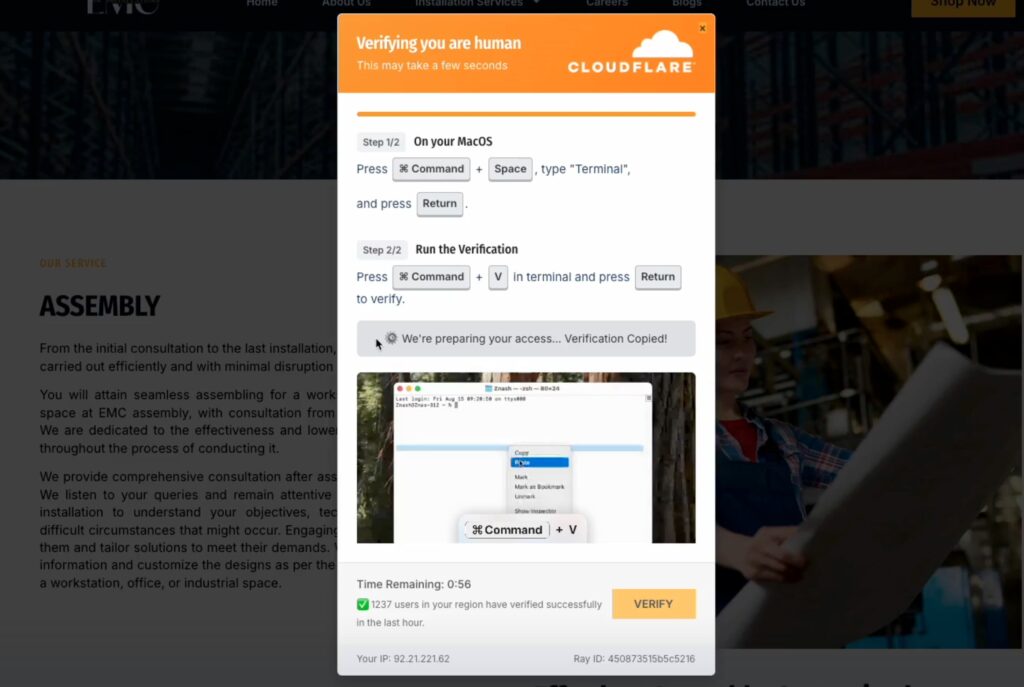 ClickFix page with an embedded video showing the victim how to complete the check