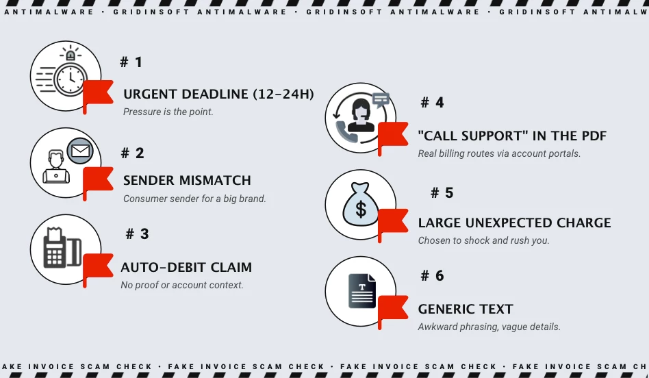 Fake invoice scam red flags - urgent deadline, sender mismatch, auto-debit claim, call support, large charge, generic text