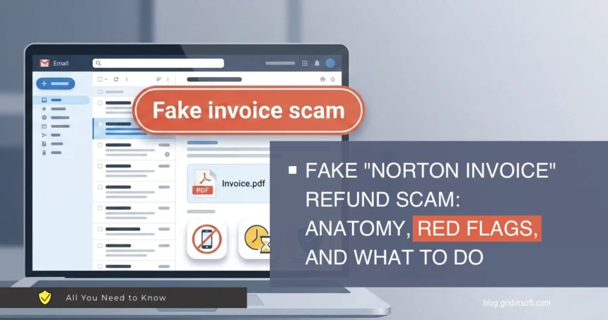 Fake Norton invoice refund scam featured image with email inbox and invoice PDF warning
