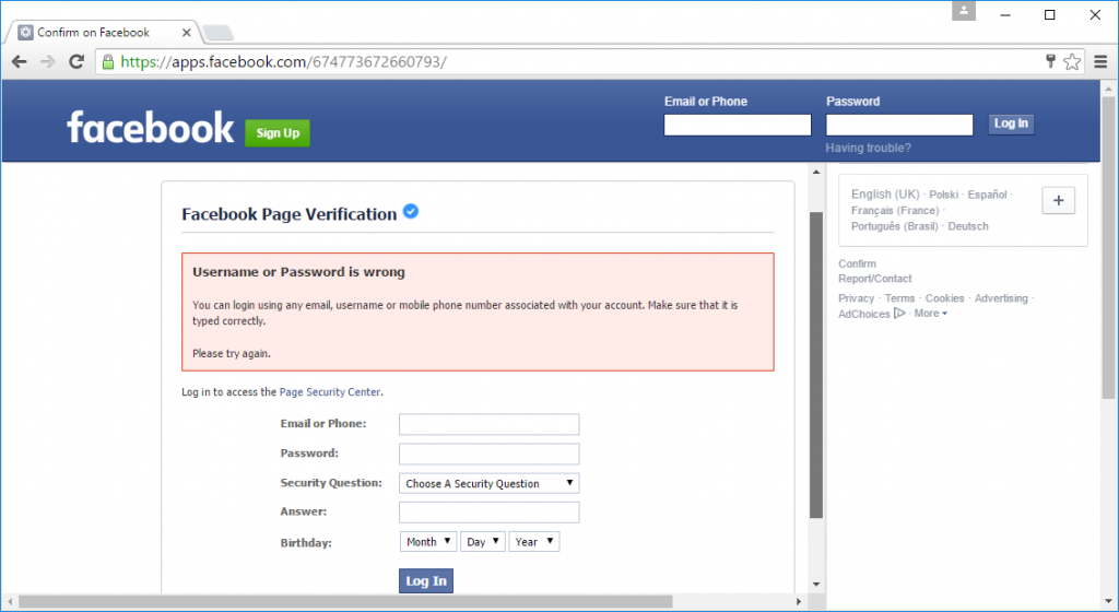 Fake Facebook page that the different URL address can uncover
