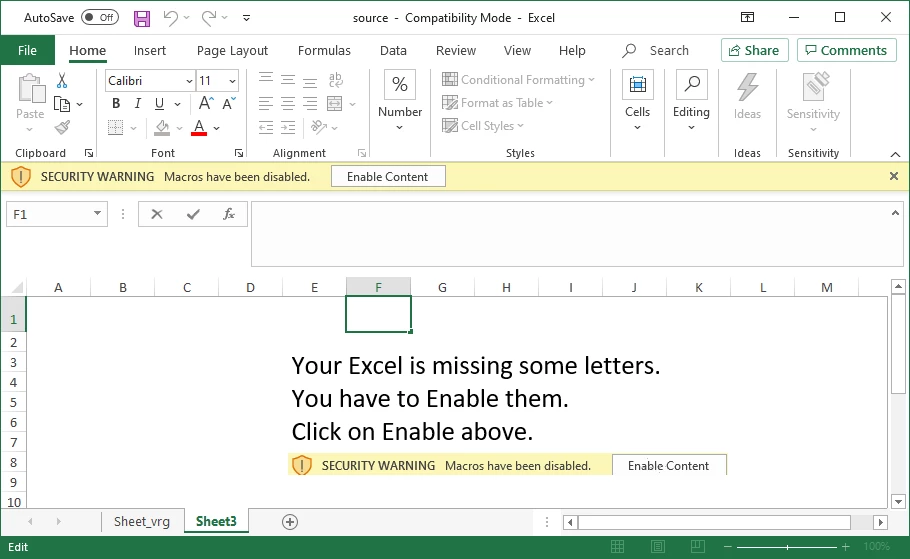 The example of an Excel file that asks you to enable macros execution