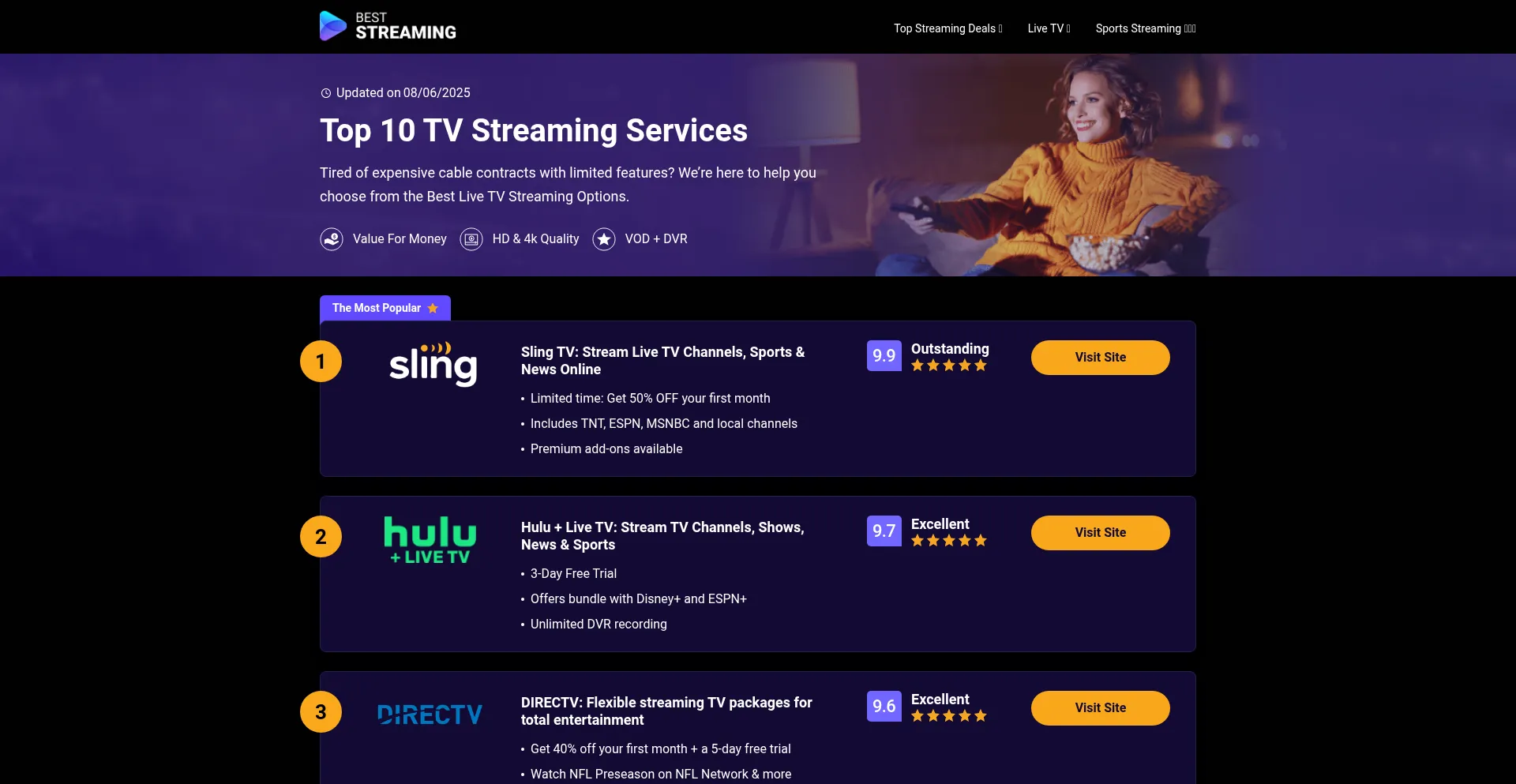 Website screenshot of 10beststreamingservices.com