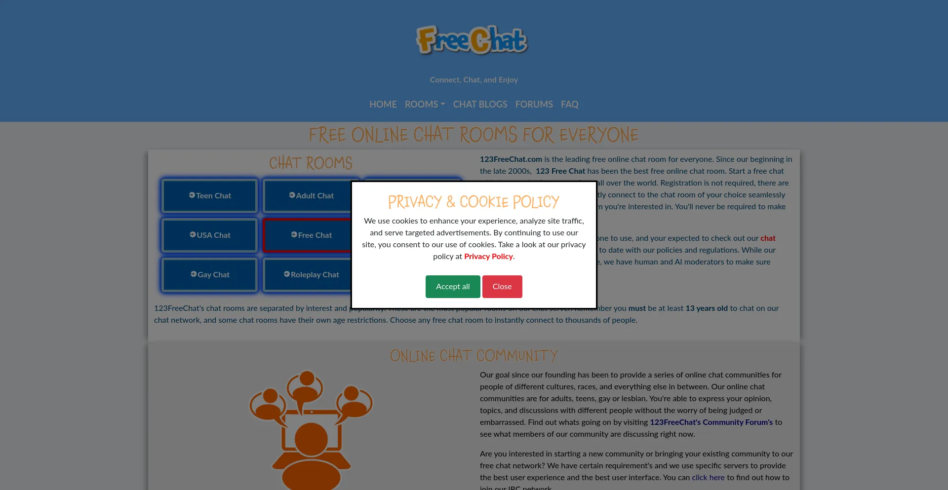 Website screenshot of 123freechat.com