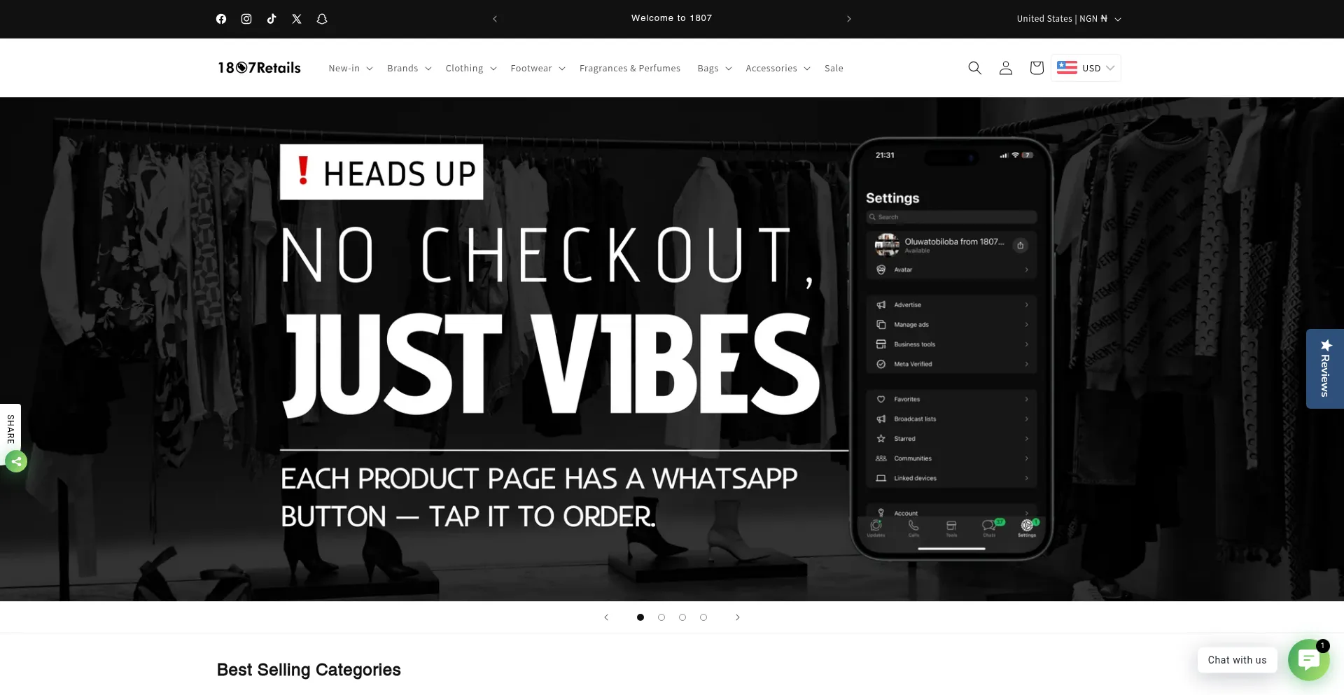 Website screenshot of 1807retails.com