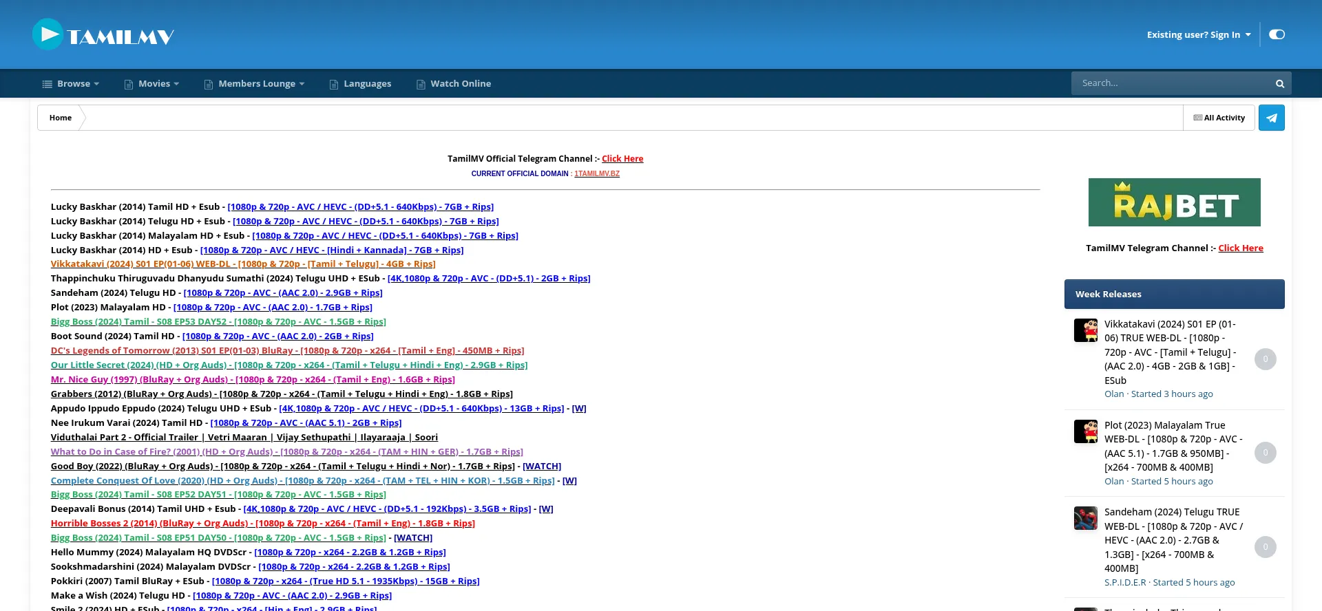 Website screenshot of 1tamilmv.bz
